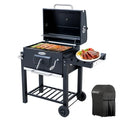 HOMAVO Barbacoa de Carbón, Parrilla de Acero de 56×42,5 cm, Bandeja de Carbón Ajustable en Altura, Mesa Lateral Plegable, Termómetro