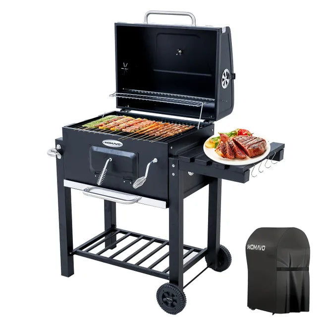 HOMAVO Barbacoa de Carbón, Parrilla de Acero de 56×42,5 cm, Bandeja de Carbón Ajustable en Altura, Mesa Lateral Plegable, Termómetro