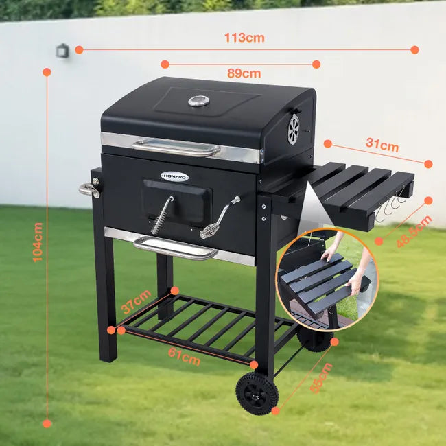 HOMAVO Barbacoa de Carbón, Parrilla de Acero de 56×42,5 cm, Bandeja de Carbón Ajustable en Altura, Mesa Lateral Plegable, Termómetro