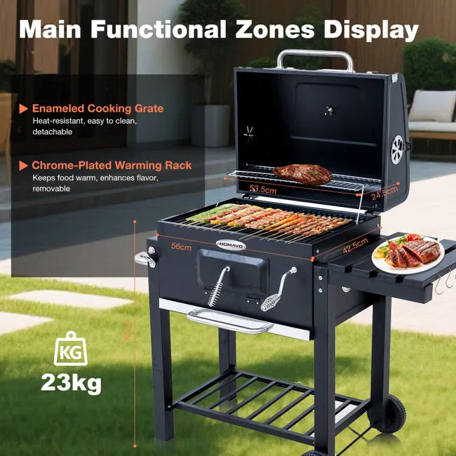 HOMAVO Barbacoa de Carbón, Parrilla de Acero de 56×42,5 cm, Bandeja de Carbón Ajustable en Altura, Mesa Lateral Plegable, Termómetro