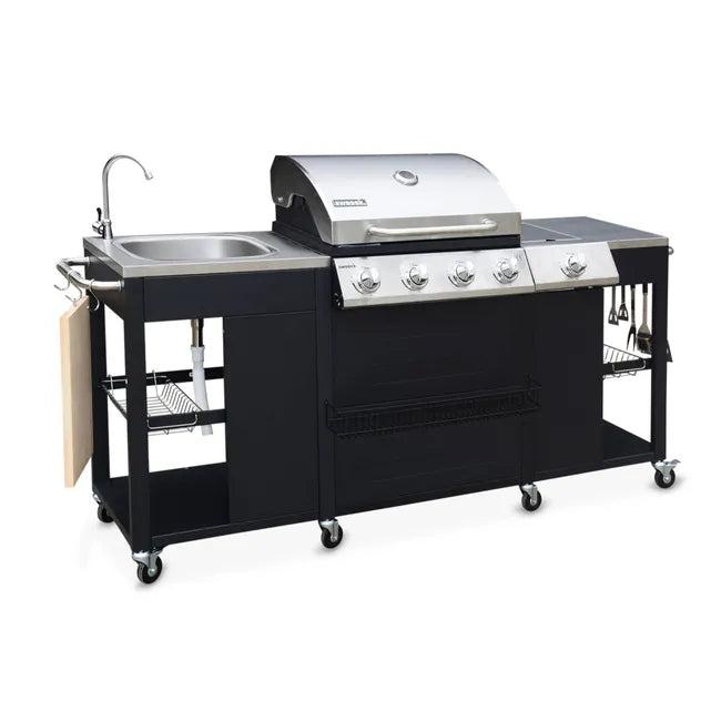 Barbacoa de gas de 5 quemadores con 1 quemador lateral, cocina exterior con fregadero, D'Artagnan, Negro, 206x58x112 cm