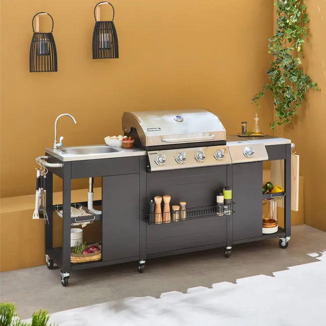 Barbacoa de gas de 5 quemadores con 1 quemador lateral, cocina exterior con fregadero, D'Artagnan, Negro, 206x58x112 cm