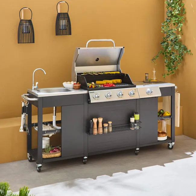 Barbacoa de gas de 5 quemadores con 1 quemador lateral, cocina exterior con fregadero, D'Artagnan, Negro, 206x58x112 cm