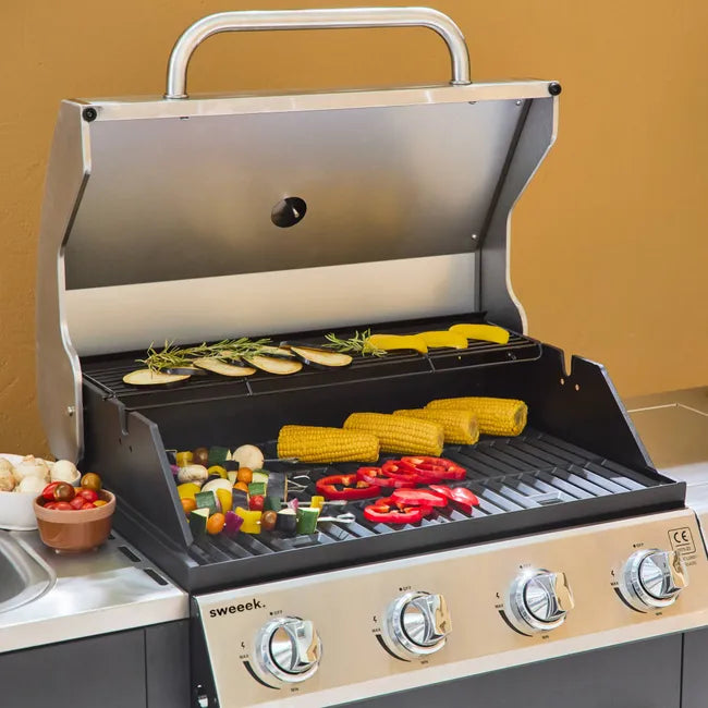 Barbacoa de gas de 5 quemadores con 1 quemador lateral, cocina exterior con fregadero, D'Artagnan, Negro, 206x58x112 cm