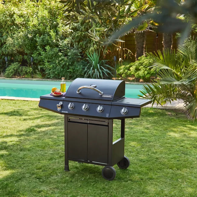 Barbacoa de gas de 3 quemadores con 1 quemador lateral, Treville 3, Negro, 117.2x43.5x103 cm