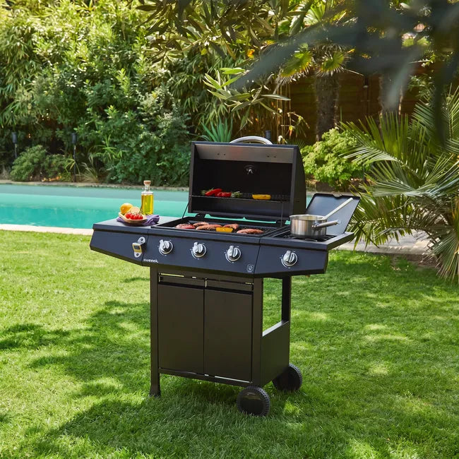 Barbacoa de gas de 3 quemadores con 1 quemador lateral, Treville 3, Negro, 117.2x43.5x103 cm