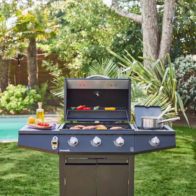 Barbacoa de gas de 3 quemadores con 1 quemador lateral, Treville 3, Negro, 117.2x43.5x103 cm