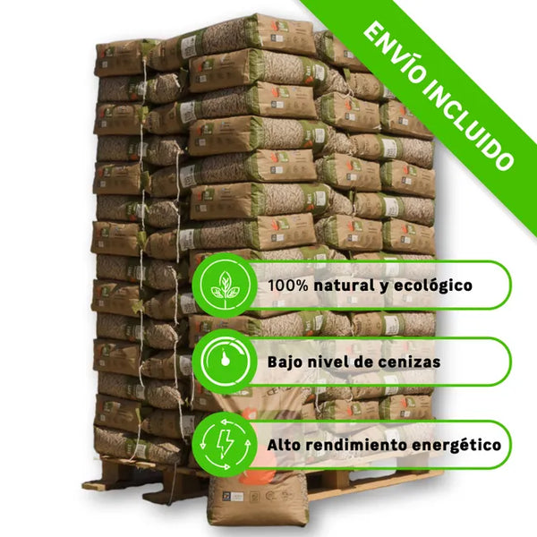 Palet completo · 70 sacos de 15 kg · 1.050 kg de pellet 100% pino