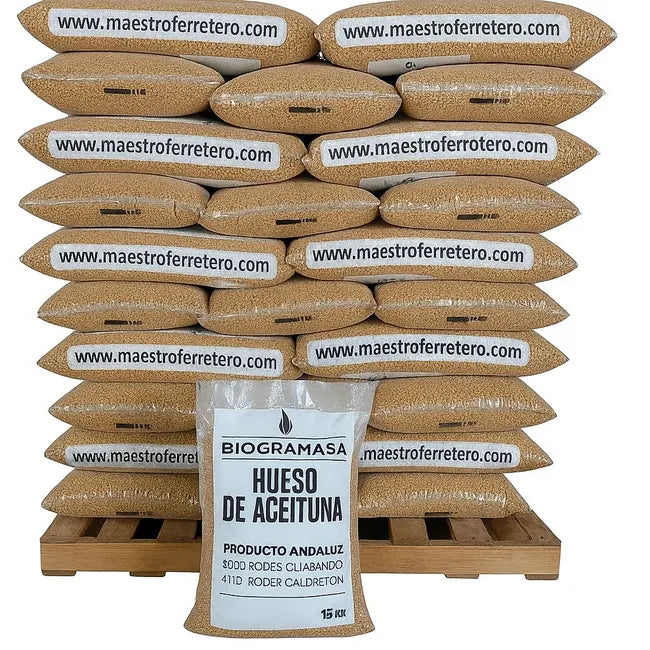 Biogramasa - Palet 77 Sacos de Hueso de Aceituna 15 kg-Biocombustible Ecológico para Estufas y Calderas, Bajo en Humedad, Alta Densidad(NO ES PELLETS)