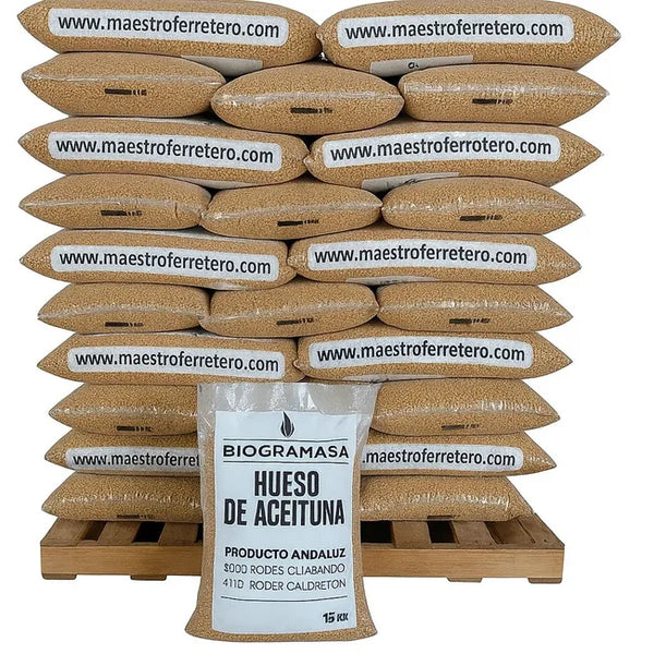 Biogramasa - Palet 77 Sacos de Hueso de Aceituna 15 kg-Biocombustible Ecológico para Estufas y Calderas, Bajo en Humedad, Alta Densidad(NO ES PELLETS)