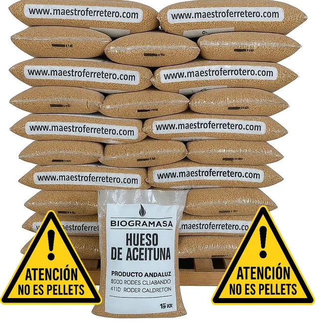 Biogramasa - Palet 77 Sacos de Hueso de Aceituna 15 kg-Biocombustible Ecológico para Estufas y Calderas, Bajo en Humedad, Alta Densidad(NO ES PELLETS)