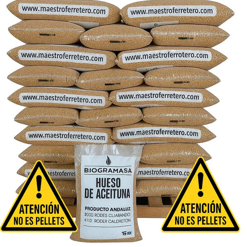 Biogramasa - Palet 77 Sacos de Hueso de Aceituna 15 kg-Biocombustible Ecológico para Estufas y Calderas, Bajo en Humedad, Alta Densidad(NO ES PELLETS)